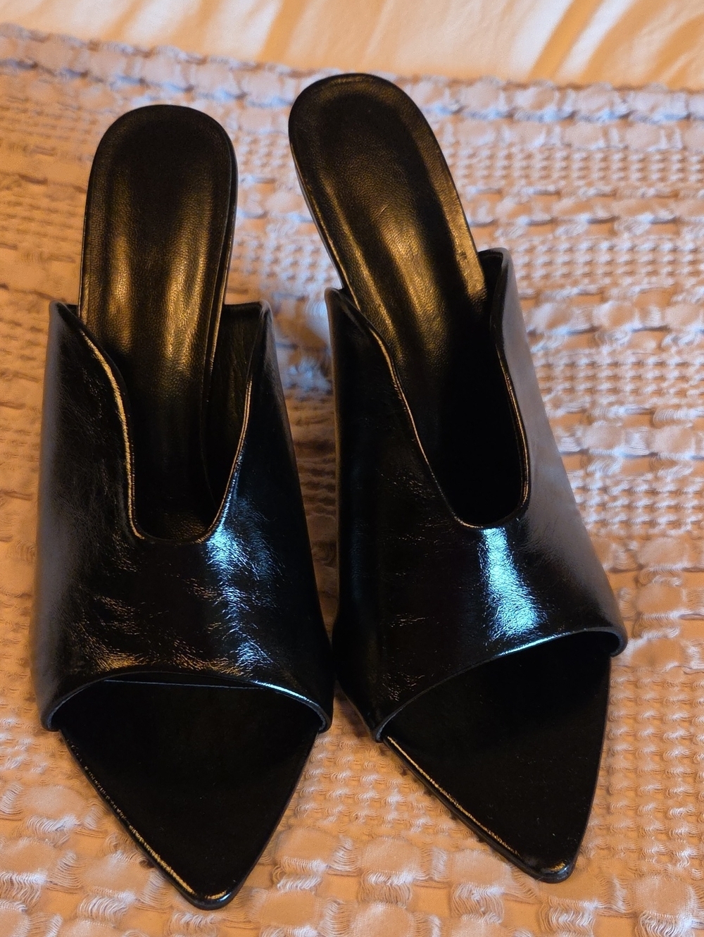 Black Patent Leather Pointed Toe Mule Heels - Women's